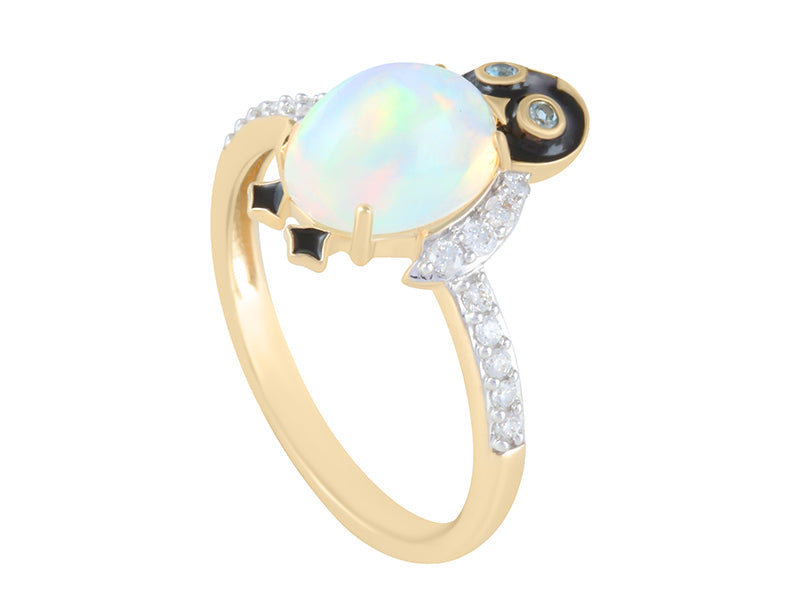 14K YG Ethiopian Opal & Swiss Blue Topaz & White Diamond Ring